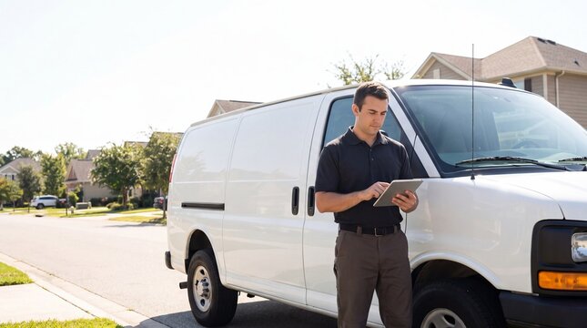 A professional courier standing outdoors by a white delivery van on a suburban street, checking a digital tablet during daytime.