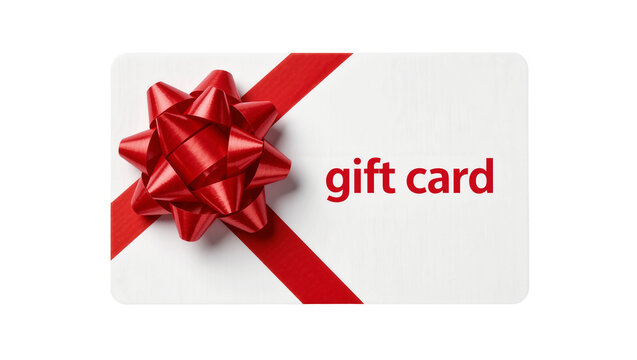White gift card with red ribbon and bow, isolated on transparent background