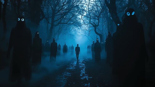 Mysterious dark figures with glowing eyes standing in spooky foggy forest surrounding lone walking man video footage