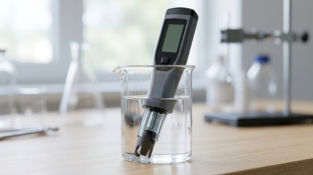 Digital pH Meter Measuring Water Quality in Laboratory Beaker with Clear Liquid During Testing and Analysis