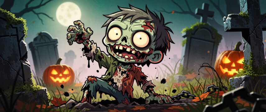 A cute chibi cartoon illustration of zombie Rising Out Of A Graveyard, Halloween
