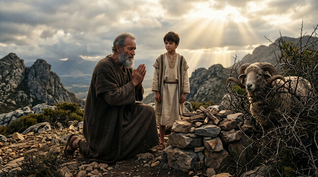 Abraham and Isaac at Mount Moriah with the ram in the thicket, Genesis 22 Old Testament biblical scene, faith and sacrifice, religious illustration