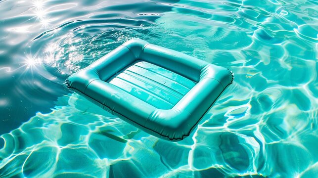 Turquoise inflatable raft floats serenely on sparkling turquoise water in bright sunlight