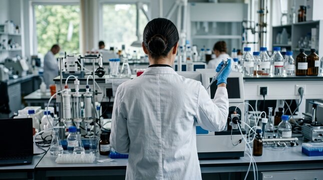 Scientist Conducting Water Quality Testing in a Modern Laboratory with Advanced Equipment and Samples on Workbench
