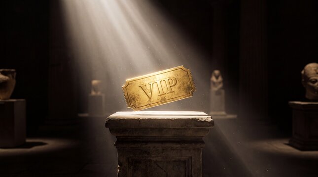 Golden VIP ticket glowing above an antique marble pedestal under dramatic volumetric light rays inside a dark museum hall.