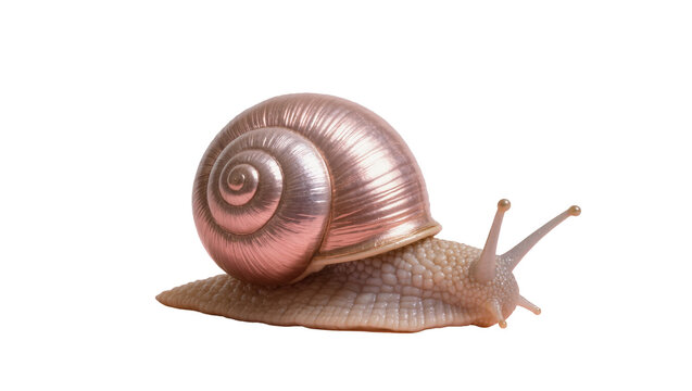 Metallic rose gold snail shell with textured body, isolated on transparent background