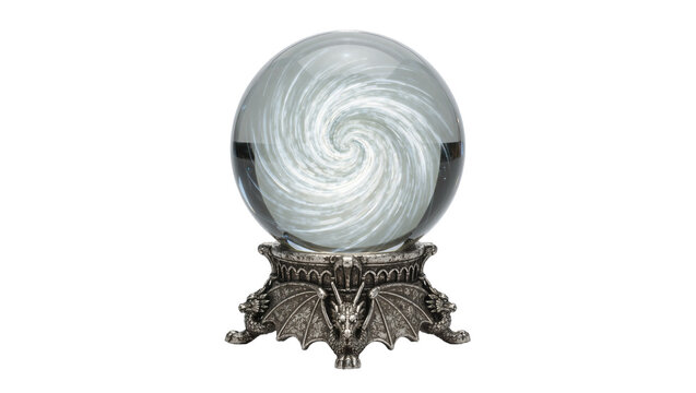 Clear glass crystal ball with swirling white pattern on ornate dragon stand, isolated on transparent background