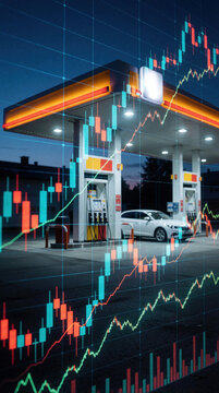 Financial stock market charts overlay gas station at night. Rising candlestick graphs show fuel price trends, energy costs. Business data displays economic volatility near petrol pump, white car.