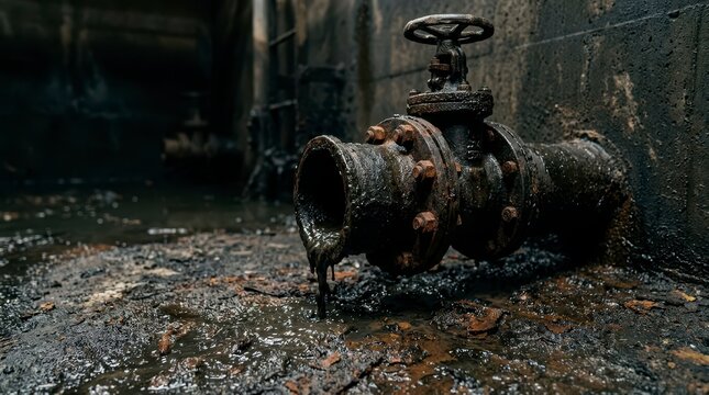 Rusty Sludge Outlet Pipe in Dark Tank Surrounded by Polluted Water and Industrial Decay