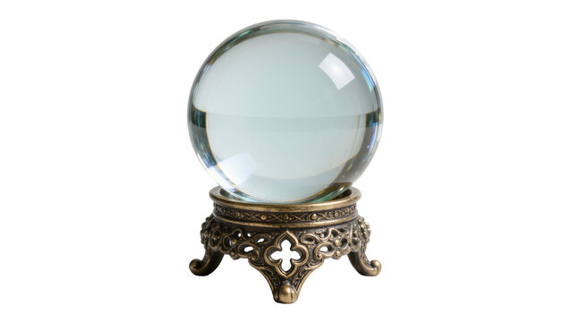 Clear glass crystal ball on ornate antique bronze stand, isolated on transparent background