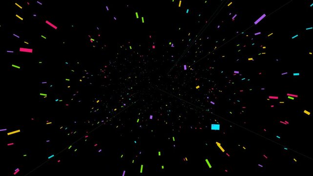 Colorful particle explosion abstract motion background, vibrant light streaks hyperdrive visual effect, futuristic hyperspace space warp loop