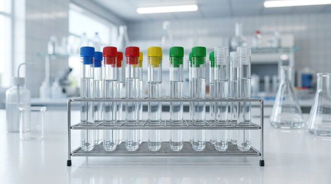 Colorful Test Tube Rack with Various Liquids in a Modern Laboratory Environment