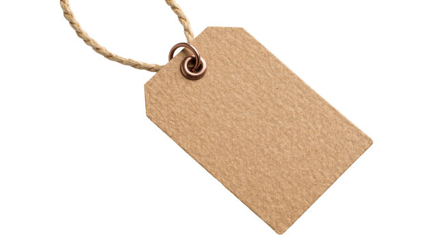 Blank brown cardboard tag with copper eyelet and twine, isolated on transparent background