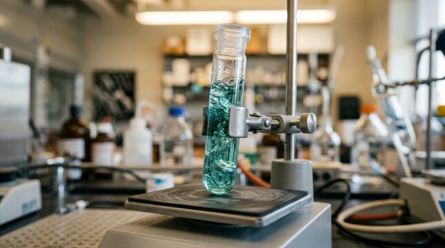 Test Tube Filled With Colorful Solution on a Shaker in a Modern Laboratory Environment for Scientific Research and Experimentation