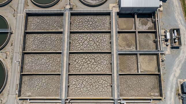 Aerial View of Sludge Drying Beds with Cracked Sediment at Water Treatment Facility Under Clear Sky