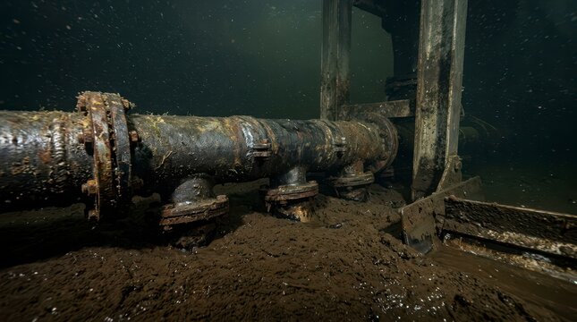 Underwater View of a Rusted Sludge Collection Pipe in a Tank Surrounded by Dark Sediment and Industrial Remnants