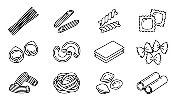 Italian Pasta Types Thin Line Vector Icon Set