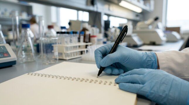 Scientist Recording Test Results in Laboratory with Equipment and Analytical Tools on Desk at Research Facility