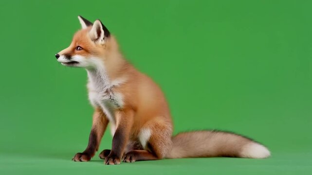Photorealistic Baby Red Fox Isolated on Green Background