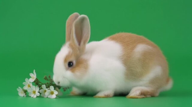 Photorealistic Little Pet Rabbit with Spring Flowers on Green Background