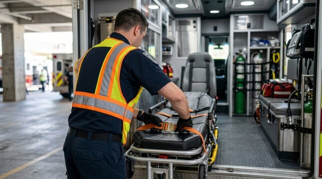Paramedic Adjusting Stretcher Inside Ambulance Vehicle for Emergency Medical Response Services
