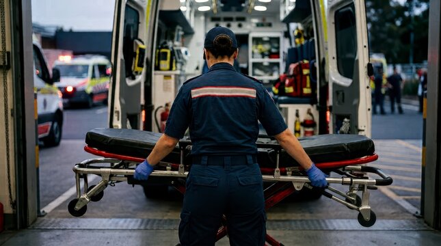 Paramedic Preparing to Transport Patient on Stretcher from Ambulance in Emergency Response Situation