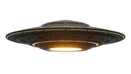 Dark metallic flying saucer with glowing yellow lights, isolated on transparent background © STUDIOP