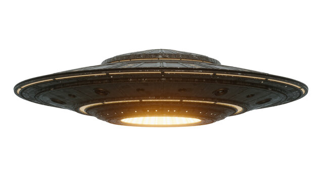 Dark metallic flying saucer with glowing yellow lights, isolated on transparent background