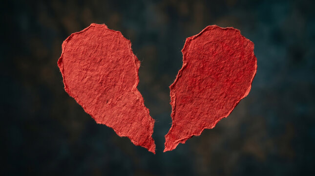 torn red paper heart broken in two pieces against a dark background