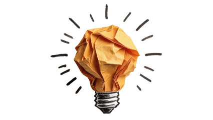 Crumpled orange paper lightbulb with hand-drawn rays, isolated on transparent background © STUDIOP