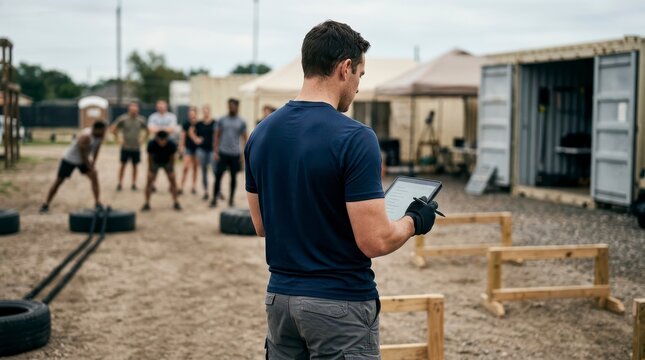 Trainer Conducting Group Training Drill Outdoor While Monitoring Performance on Tablet in Training Facility