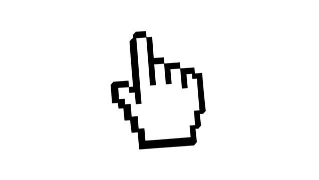 Pixelated black hand cursor pointing upwards, isolated on transparent background