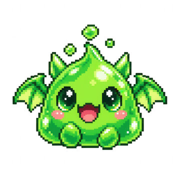 Pixel Art Monster: A charming, cartoonish green slime monster with tiny bat wings and adorable big eyes, rendered in vibrant pixel art.