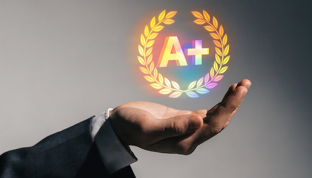 Businessman holding a glowing a grade symbol with a laurel wreath, representing academic excellence, top performance, and success in education or business