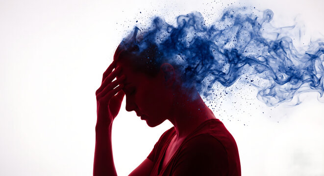 Woman with head exploding into red and black smoke particles symbolizing mental health issues stress or breakdown against a white background, close-up side profile. Concept of head exploding.
