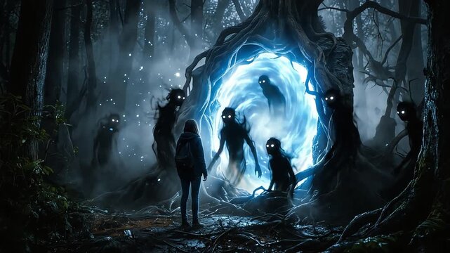 Mysterious glowing portal in dark enchanted forest video footage featuring spooky shadow spirits surrounding lonely traveler