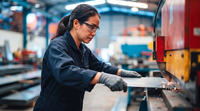 Woman factory worker operating metal shearing machine in industrial facility. Asian technician cutting steel sheet with industrial equipment. Manufacturing, metalwork and production concept