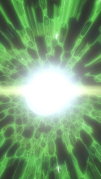 Powerful green energy burst radiating from a brilliant white center inside an abstract futuristic tunnel.