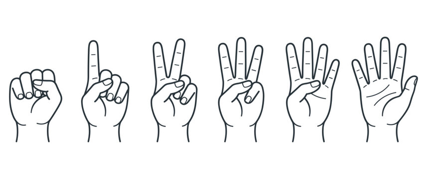 Hand gesture icons set showing numbers from zero to five fingers.