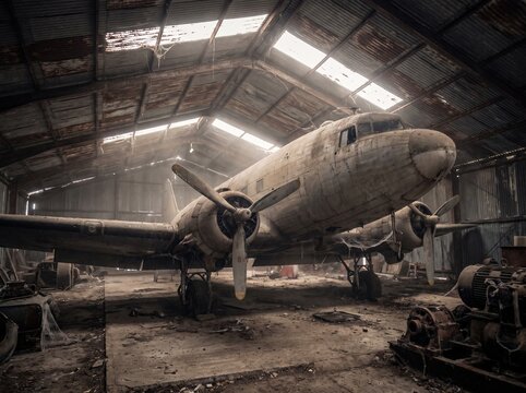 Abandoned vintage propeller airplane parked inside a rustic