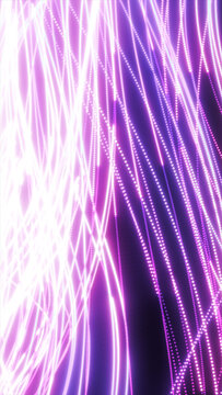 Abstract purple and pink neon trails formed by glowing dotted lines, creating a dynamic visualization of flowing energy and digital motion.