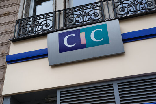 Paris, France - November 12 2025: CIC bank logo on the exterior of a historic Parisian building
