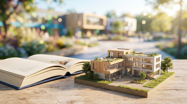 Architectural model of modern school building with green roof next to open book. Concept of sustainable education design and urban planning study for academic creative development