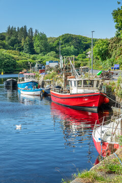 Colourful boats in the harbour of Clifden, Connemara scenic landscape, Ireland travel