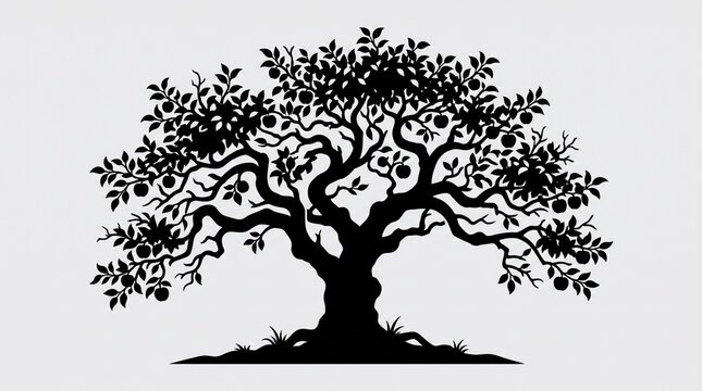 Silhouette apple tree illustration, black and white fruit tree vector icon, vintage oak tree graphic art emblem isolated on White Background