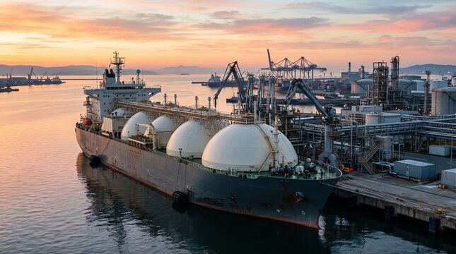 LNG Terminal Jetty With A Grey Tanker Moored Below Harbour Hills