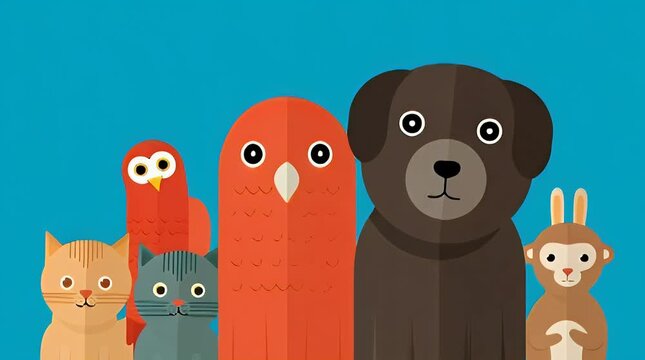 Cute Cartoon Animals Grouped Together on Blue Background - A playful illustration featuring a cat, parrot, owl, dog, and monkey in a cheerful design for children s books or educational materials