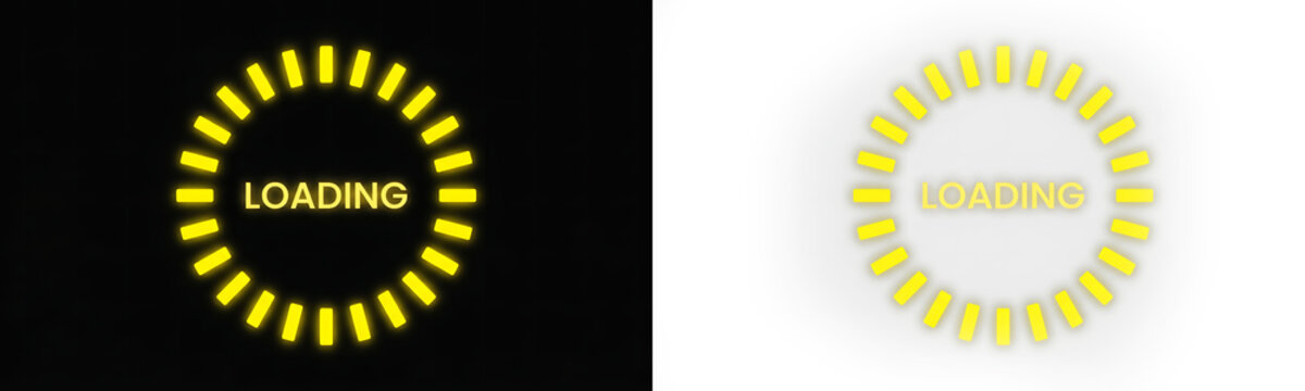 Yellow glowing loading circle icon with text on black and white isolated on transparent background