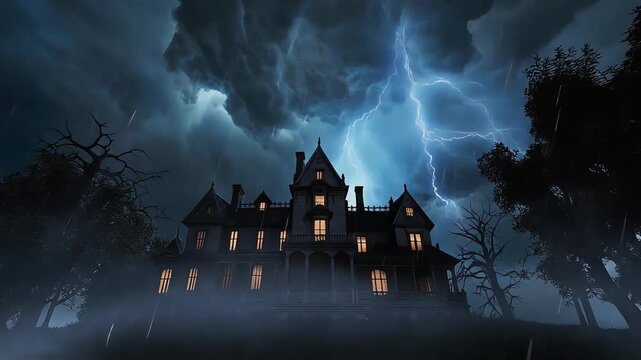 Spooky haunted Victorian mansion illuminated by violent lightning strikes during a dark stormy night video footage
