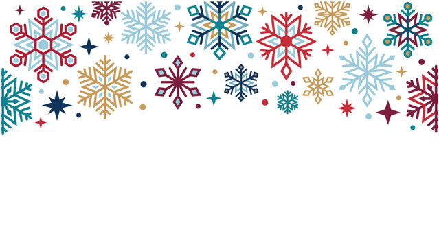 Header background with colorful winter snowflakes and star shapes.